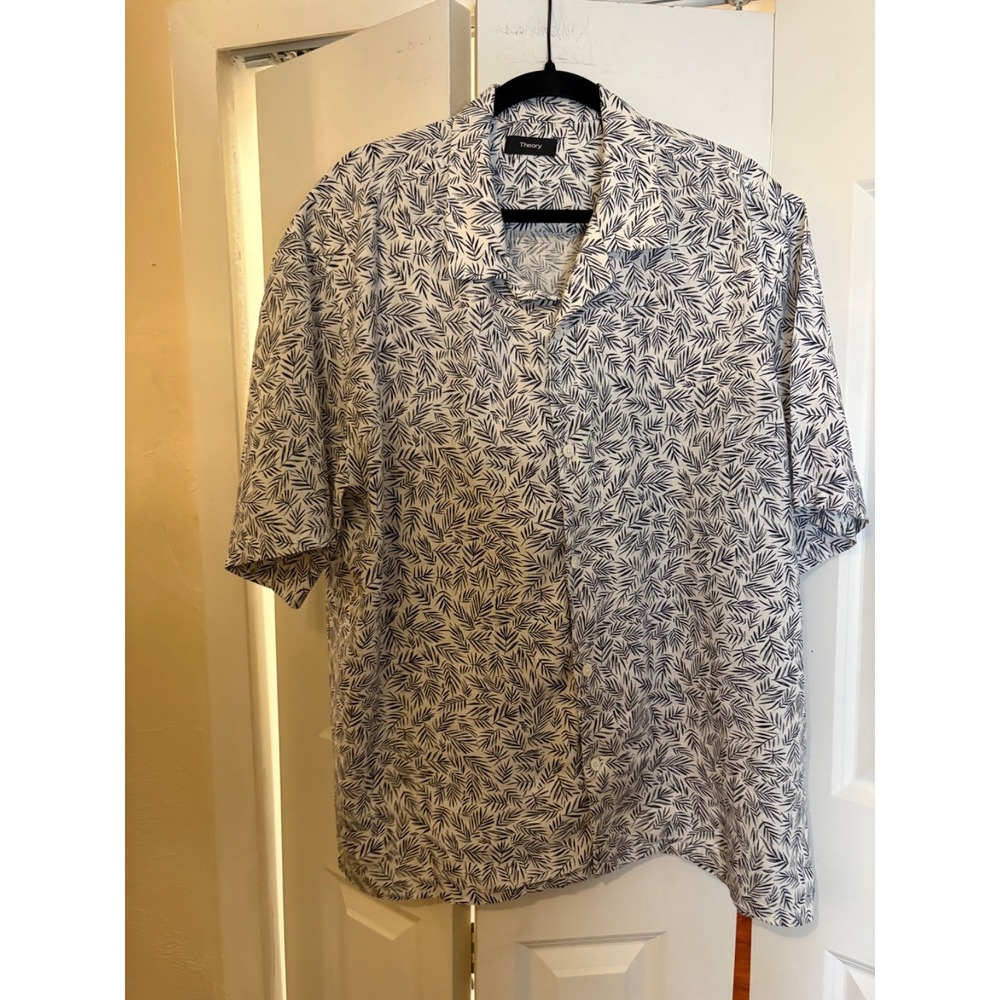 Theory Daze Palm Print Linen Button-Up Shirt XXL White Navy K043511R